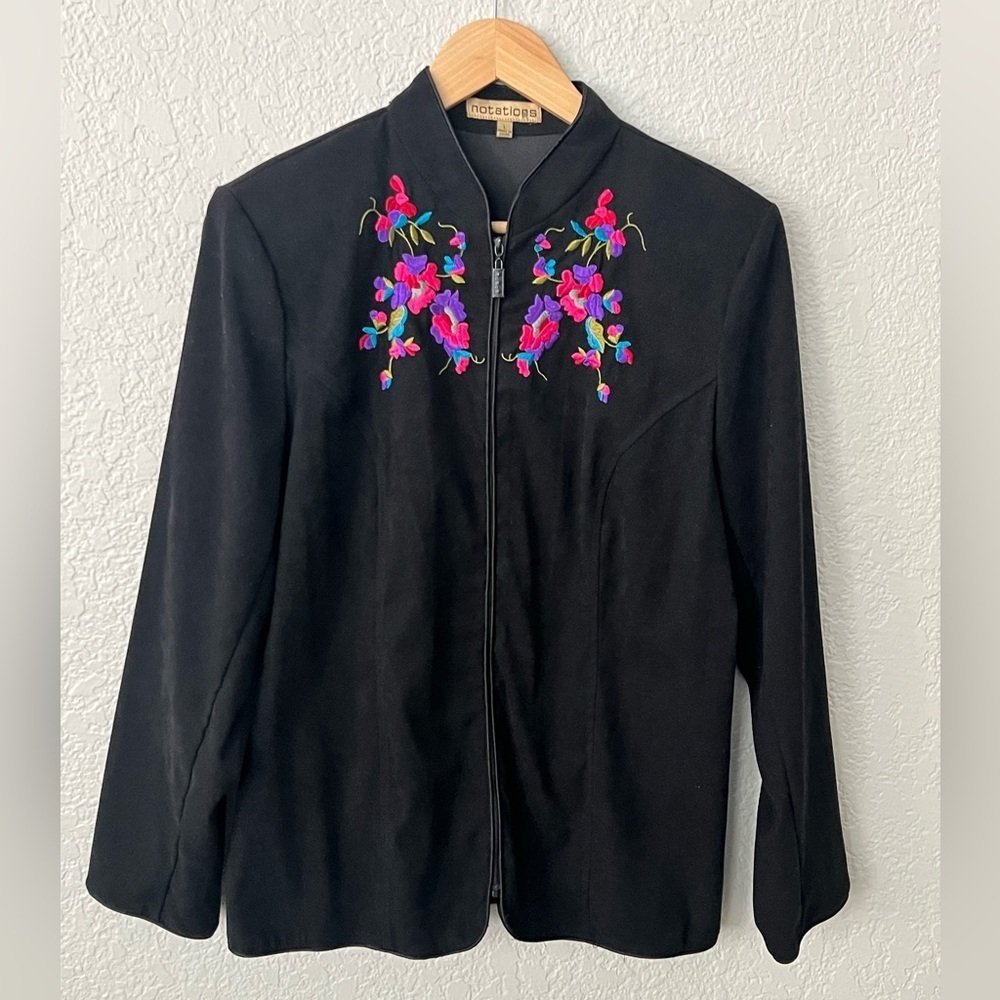 Notations Vtg Black Faux Suede Zip Front Jacket Size Large w/ Floral Embroidery